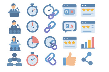 Conference and presentation icons set with speakers, audience, timers, links, Q&A, reviews, ratings, analytics, thumbs up, and share symbols in blue theme