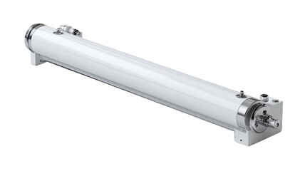 Long, white, cylindrical hydraulic actuator