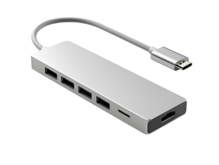 Gray rectangular USB-C hub with multiple ports, long cable