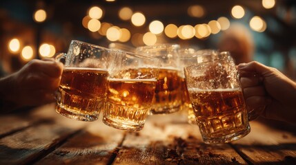 Elegant Cluster of Unlabeled Glass Drinkware Clinking Together on Rustic Wooden Table Creating a Warm Atmosphere for Celebrations