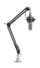 Naklejka premium Studio microphone boom arm. Adjustable arm with microphone. Black and grey components. Isolated on black