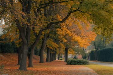 Naklejka premium Autumn tree-lined pathway with fallen orange leaves and a paved road backdrop branch