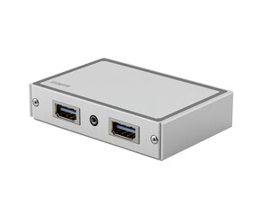 Small, light gray rectangular device with two USB ports