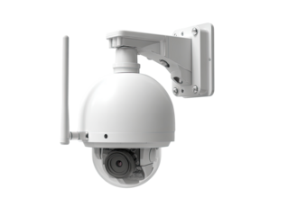A white dome security camera with a pan-tilt function, mounted on a wall bracket.  The camera has a small antenna