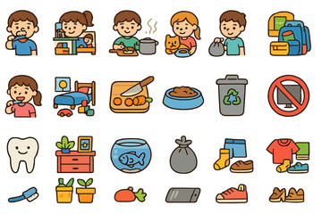 Children's daily activities include chores, cooking, and playtime in a colorful and engaging illustrated style