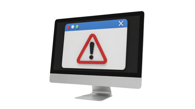 A computer monitor displaying an error message with a red triangle and exclamation point icon