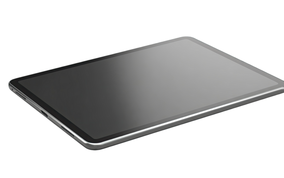 Gray tablet, angled view, blank screen