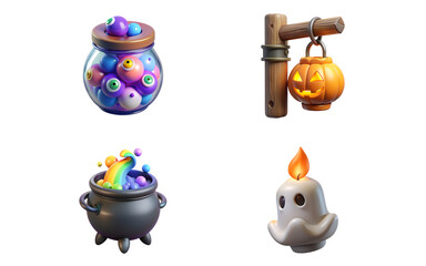 Halloween 3D ghost balloon and magic cauldron set – spooky party icon collection isolated on transparent background
