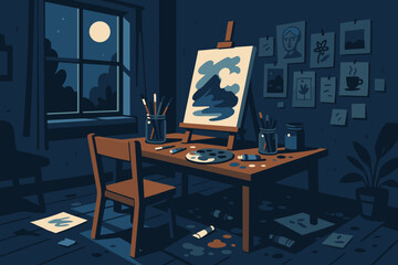 Creative workspace illuminated by moonlight with painting supplies and unfinished artwork on display