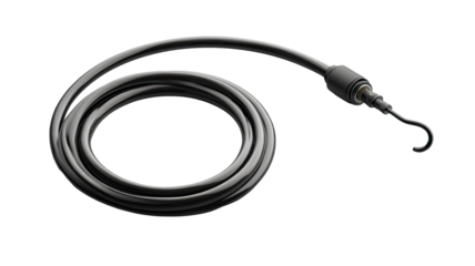 A coiled, dark gray cable with a hook.  The cable has a consistent diameter throughout its length.  It's a single, continuous piece