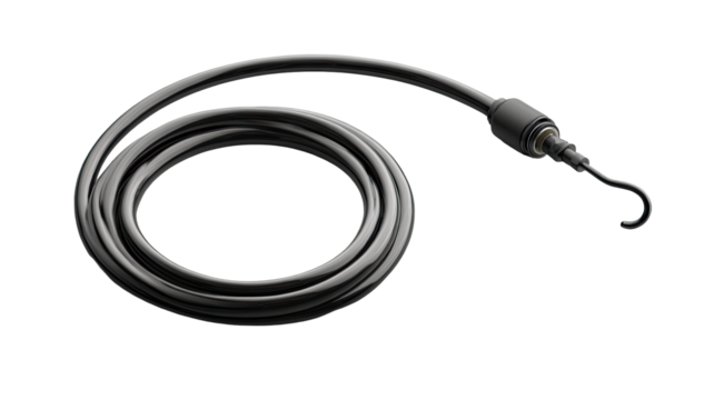 A coiled, dark gray cable with a hook.  The cable has a consistent diameter throughout its length.  It's a single, continuous piece