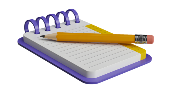 A close up of a purple notepad with lines and a yellow pencil resting on top of the notepad surface