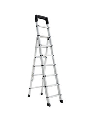 Folding metal ladder, light gray/black.  A tall, lightweight, telescopic stepladder, ready to use.  The ladder is in a stable, upright position.  It's a sturdy, versatile tool