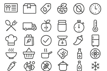 Minimal line icon set of food, cooking, and kitchen elements including menu, delivery box, food tag, salad bowl, no peanuts allergy icon