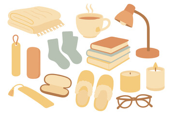 Cozy reading essentials illustration with blanket, tea, books, lamp, candles, slippers, socks, bookmarks, and reading glasses on warm gradient background