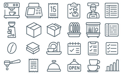 Collection of icons representing cafe operations, food preparation, and customer service activities in a bustling coffee shop environment
