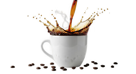 Coffee Splash in a White Cup with Scattered Beans on Black Background coffee cup coffee beans isolated on a transparent background