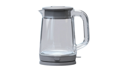 Modern, clear glass electric kettle with a gray base.  Features a handle, lid, and illuminated base