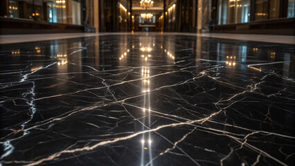 Polished Black Marble Floor with White Veins and Reflections surface