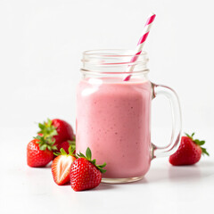Strawberry smoothie in mason jar with straw, fruity tropical shake, organic vegan blend, healthy detox beverage, refreshing summer drink, isolated white background