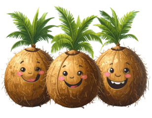  Cartoon Style Coconuts Trio with Fibrous Shells, Fun Tropical Illustration