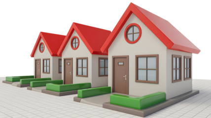 Three cartoon houses in a row with red roofs and green bushes in front of each on a tiled surface