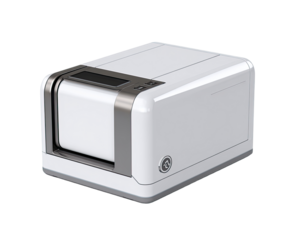 Sleek, white, rectangular device with metallic accents.  A small, digital display is visible.  A cylindrical component suggests paper or media feed