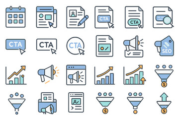 Digital marketing and SEO icon set with gray gradient background, featuring CTA buttons, content writing, website pages, analytics charts, megaphone, SEO tags, growth graphs, sales funnels