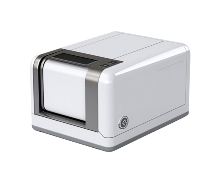 Sleek, white, rectangular device with metallic accents.  A small, digital display is visible.  A cylindrical component suggests paper or media feed