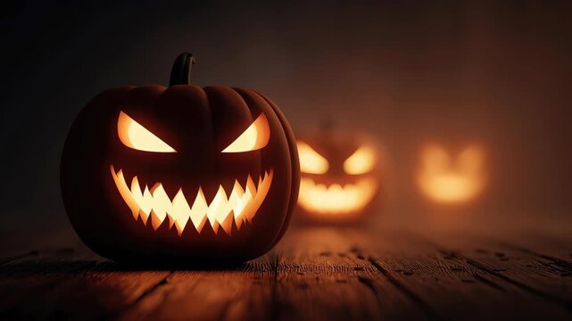 Halloween carved pumpkin jack o lantern glowing wooden floor with candlelight eerie spooky atmosphere casting flickering warm light and carved scary