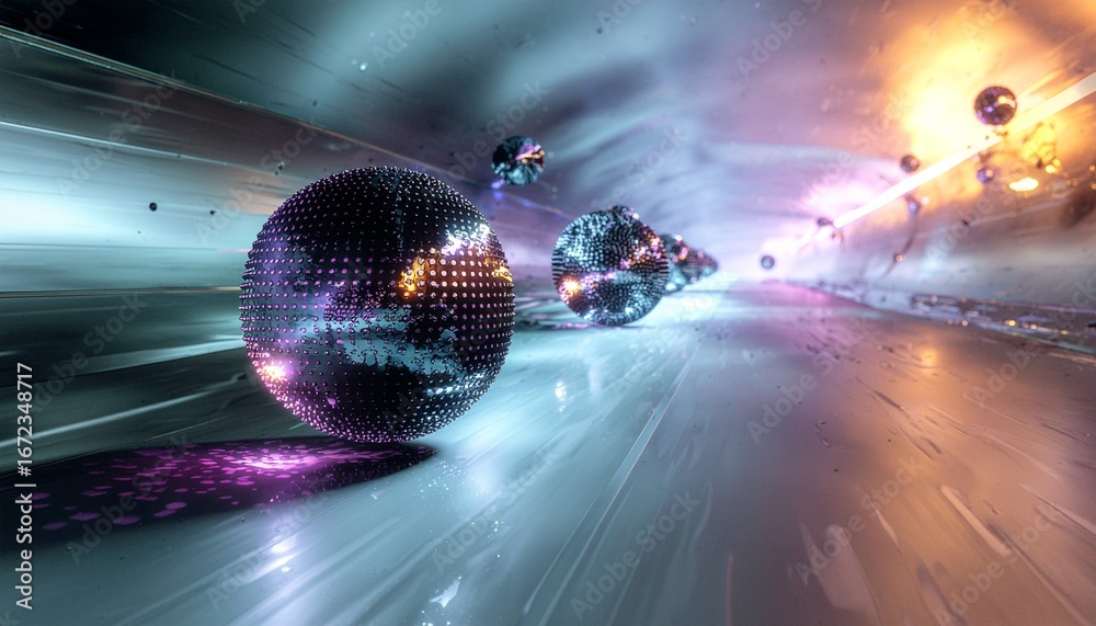 Poster _high-tech abstract composition blending 2d flat design and 3d holographic spheres.