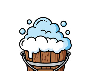 Wooden bucket filled with soapy water and foam