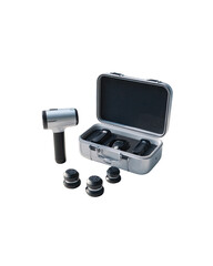 A gray portable massage tool kit.  Includes a handheld device and interchangeable attachments housed in a hard-shell case