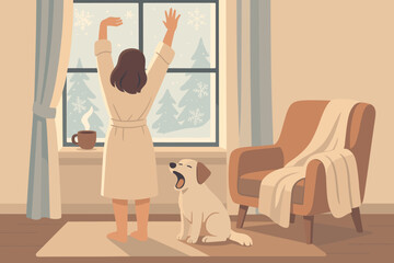 Peaceful winter morning illustration of a woman stretching by the window with a yawning dog, cozy chair, and hot coffee on a snowy day