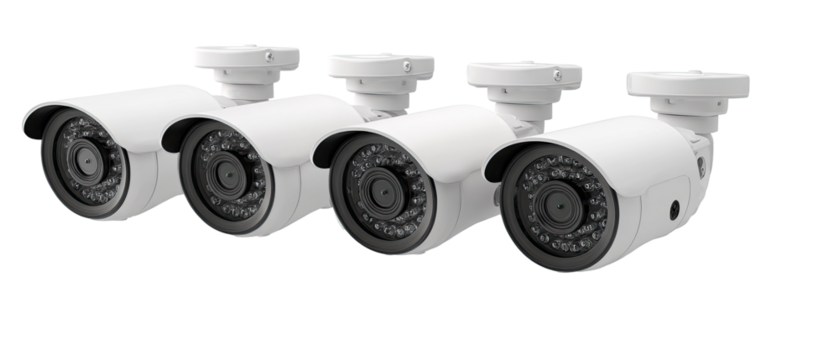 Four white security cameras in a row