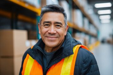 Middle-age Hispanic man wearing orange safety vest and working in warehouse or distribution center, copy space