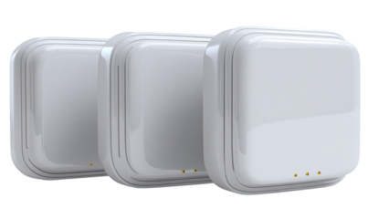 Three square, white charging cases for wireless earbuds, arranged horizontally in a slightly angled row.  Smooth surfaces, subtle raised edges, and small, round protrusions on each case