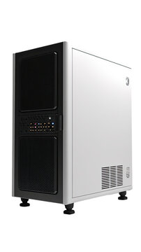 A white and black computer case, angled view.  Features a dark panel, light panel, and ventilation