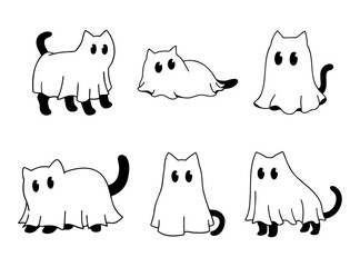 Cute Ghost Cat Set. Halloween Cartoon Cats in Ghost Costumes.