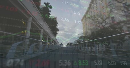 Animation of stock market data processing against time-lapse of people walking on the city bridge - Powered by Adobe