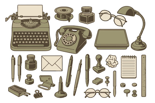 Vintage office tools illustration with retro typewriter, rotary phone, desk lamp, ink bottles, pens, stamps, glasses, stationery, and paper items on brown background