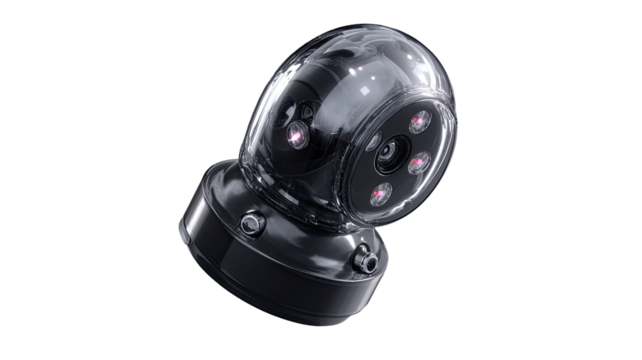 Transparent dome security camera, dark grey base, multiple lenses