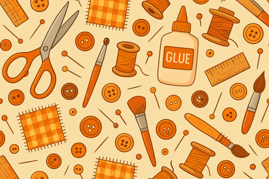 Craft supplies including scissors, glue, and buttons arranged in a creative pattern on a light background