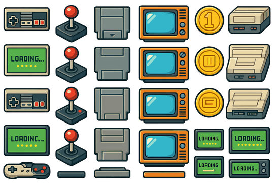 Retro Gaming Icon Set with Joysticks, Game Controllers, Cartridges, CRT Televisions, Loading Screens, Gold Coins, and Classic Consoles in Vintage Style