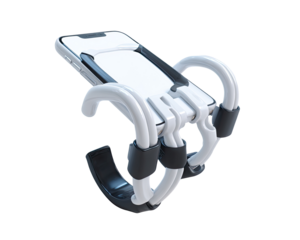 A white, flexible phone mount, resembling a skeletal arm or claw, securely holds a blank smartphone