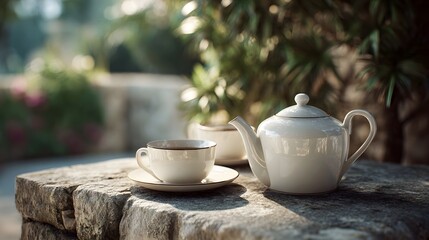 Fototapeta premium Elegant outdoor tea setup on a rustic garden table