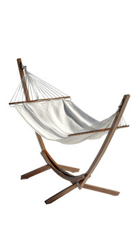 Wooden hammock, white fabric, relaxed