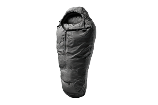 Gray sleeping bag, full-length,  with hood