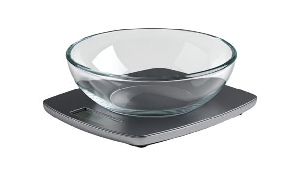 A gray digital kitchen scale with a clear glass bowl - Powered by Adobe