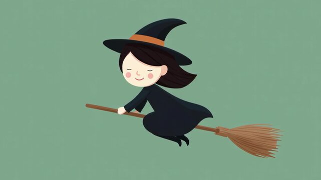 Cute halloween witch flying on broomstick illustration cartoon cloak hat joyful flowing smiling childlike gentle face playful mood